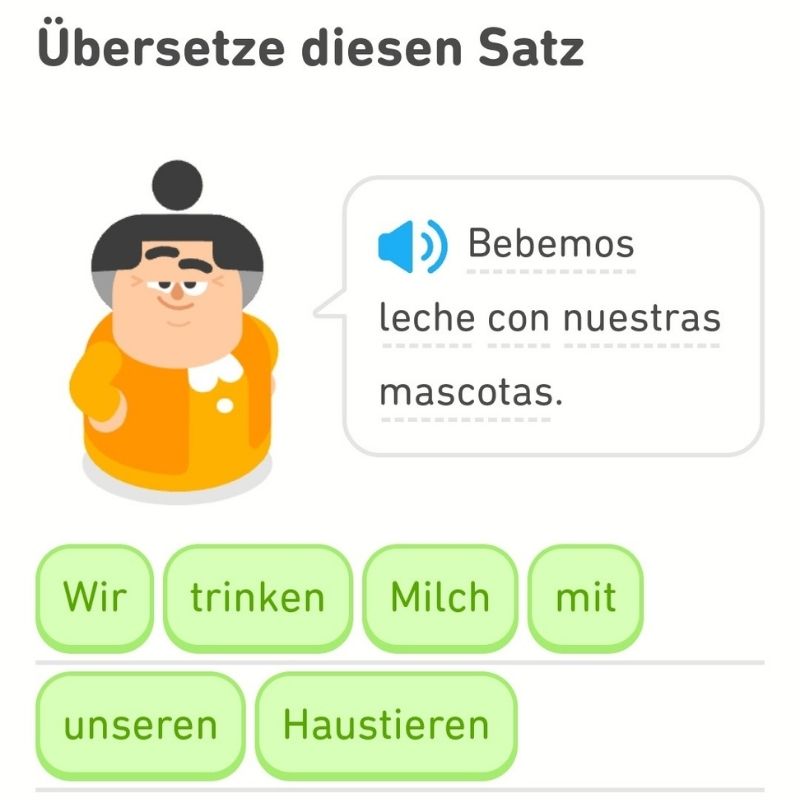 Screenshot Duolingo: Bebemos leche con nuestras mascotas / Wir trinken Milch mit unseren Haustieren.